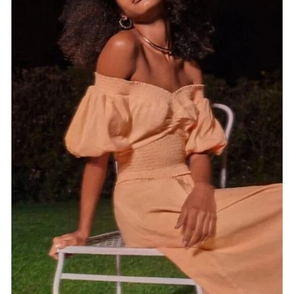A.L.C. Adena Off-Shoulder Midi Linen Dress Puff Sleeve in Cantaloupe Size 0 - Picture 1 of 13